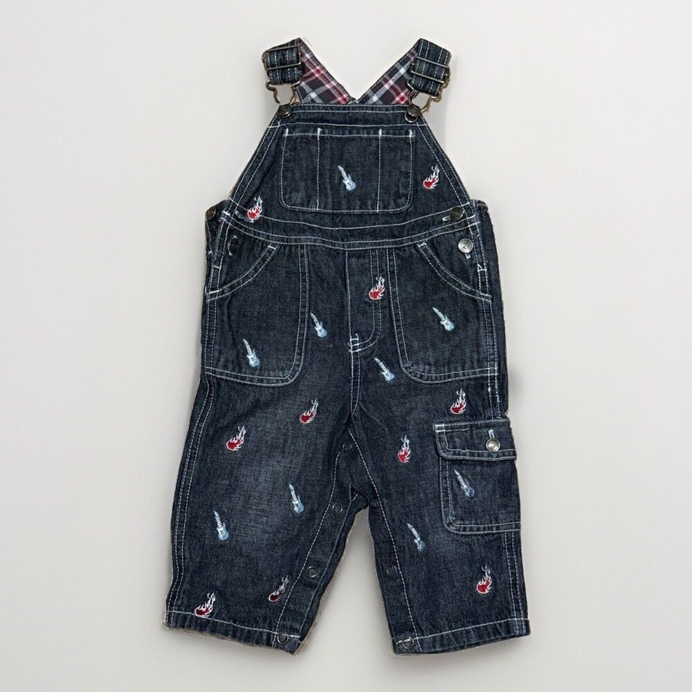 Vintage Y2K Greendog Baby Denim Overalls 6-9M Guitar Flames Rock Black
